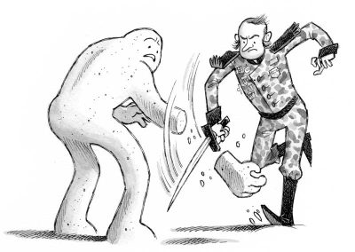 Colonel Droww fighting a sugar soldier in The Great Sugar War